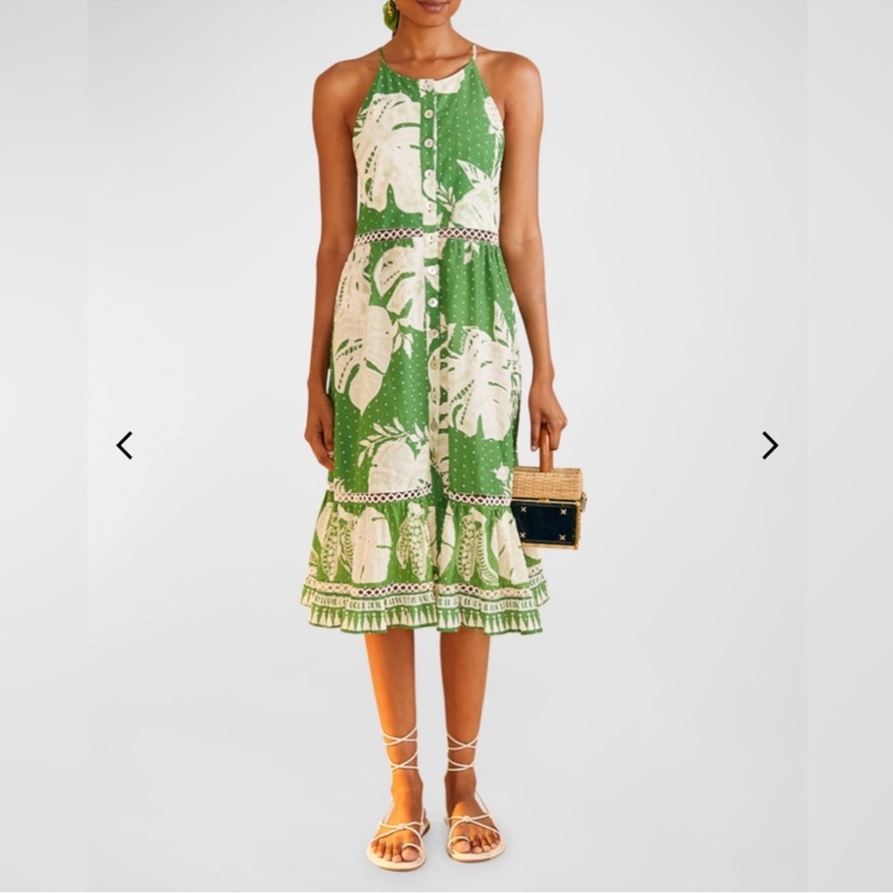 NWT FARM Rio Green Leaf Print Midi Dress, Size Small